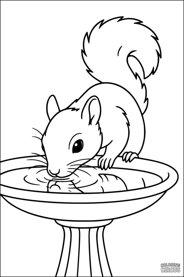 Coloring page with a squirrel drinking water from a birdbath