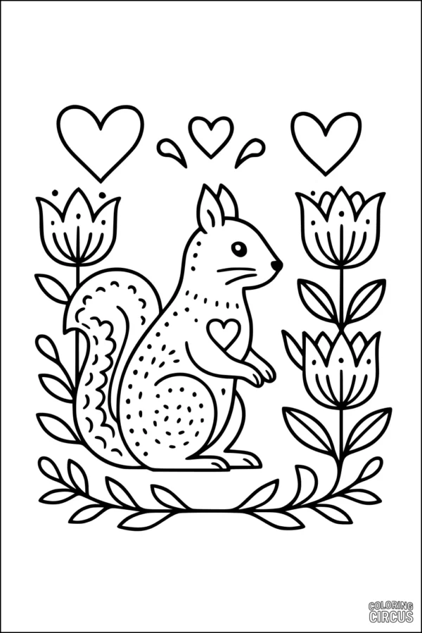 Coloring page squirrel surrounded by flowers and hearts in a playful garden design