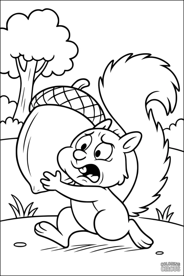Coloring page featuring a cute cartoon squirrel carrying an oversized acorn in a park with trees