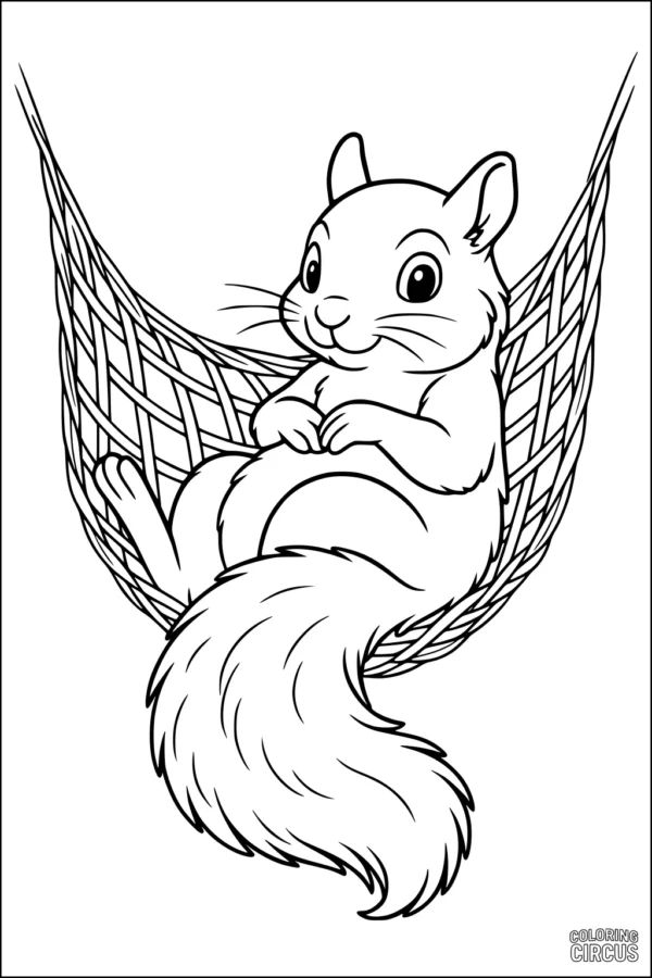 Coloring page showing a cute squirrel resting in a hammock for children