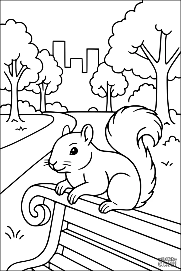Coloring page of a cartoon squirrel sitting on a park bench with trees and city buildings in the background