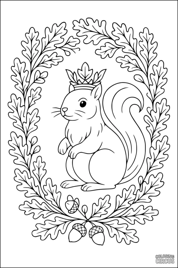 Coloring page of a crowned squirrel surrounded by oak leaves and acorns