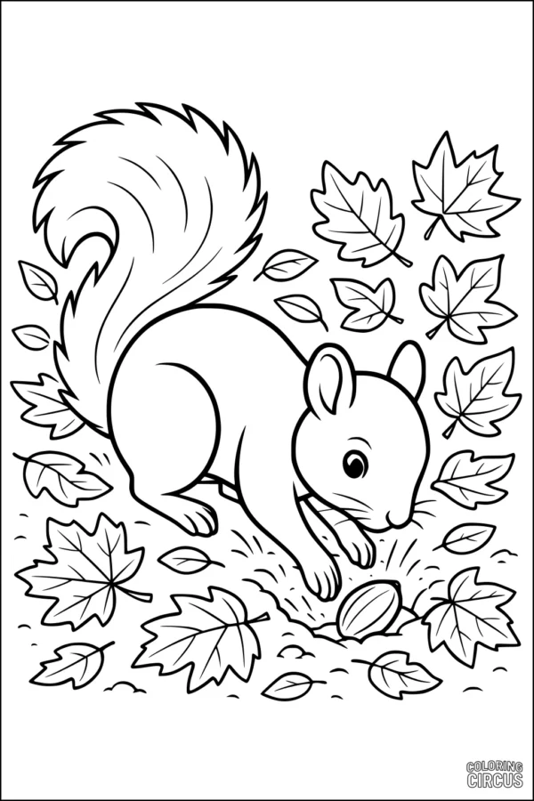 Coloring page with a cartoon squirrel burying a nut among autumn leaves