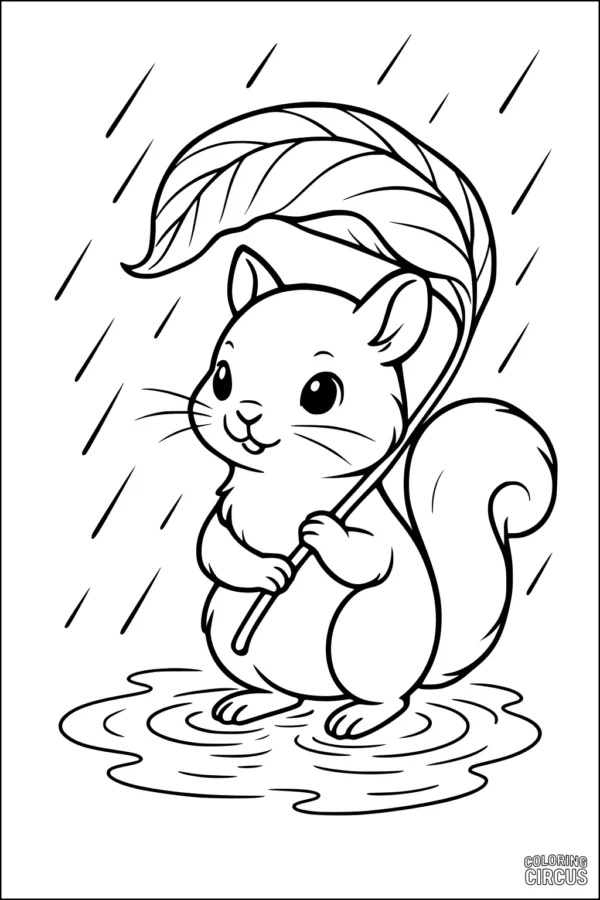Coloring page featuring a cute squirrel holding a large leaf as an umbrella in the rain