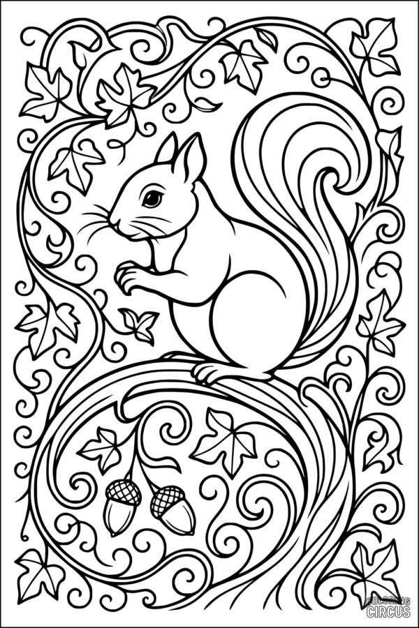 Coloring page showing a squirrel sitting on a branch surrounded by swirling vines, leaves, and acorns