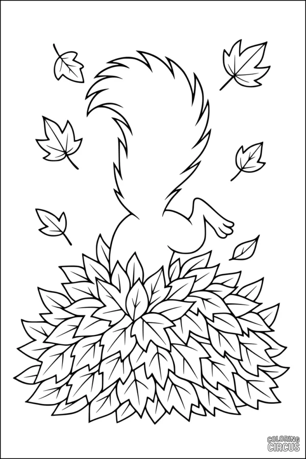 Coloring page featuring a squirrel tail and paw diving into a pile of leaves with scattered autumn leaves overhead