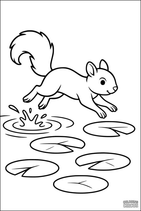 Coloring page depicts a cartoon squirrel jumping across lily pads on a pond