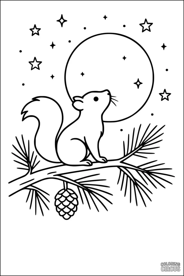 Coloring page with a cartoon squirrel sitting on a pine branch under a starry night sky and large moon.