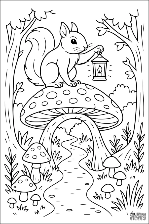 Coloring page featuring a squirrel holding a lantern on a large mushroom in a whimsical forest scene