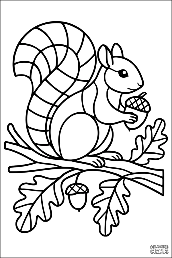 Coloring page featuring a cute squirrel holding an acorn on a tree branch with oak leaves and acorns
