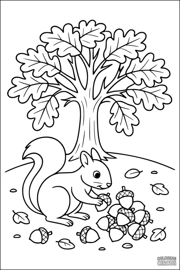 Coloring page showing a squirrel gathering acorns under an oak tree