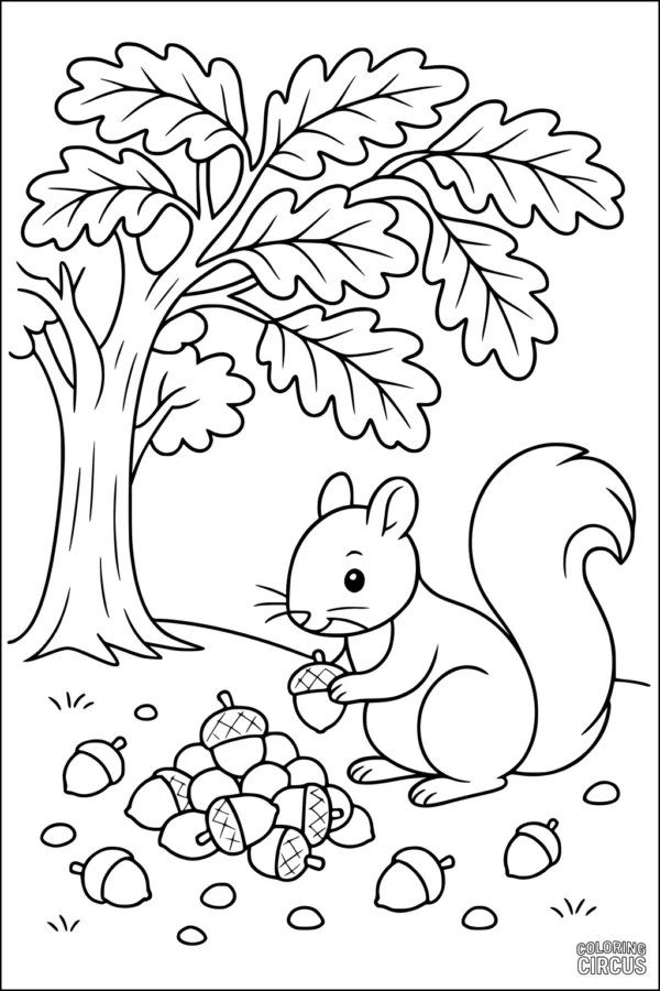 Coloring page of a cute squirrel gathering acorns under a big oak tree