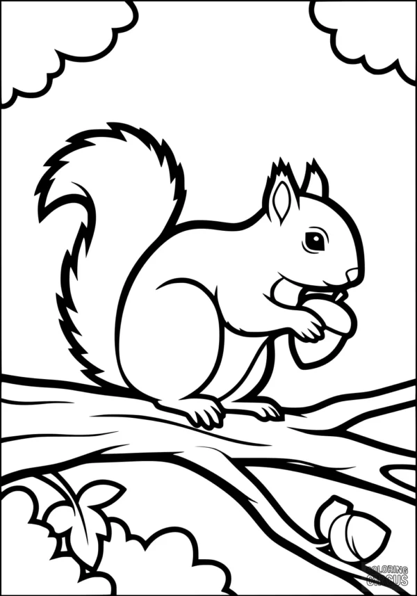 Coloring page of a squirrel eating an acorn while sitting on a tree branch with clouds and leaves in the background