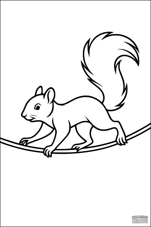 Coloring page showing a squirrel walking on a tree branch, simple design for young children.