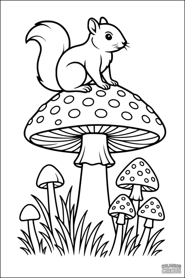Coloring page of a cute squirrel sitting on a large spotted mushroom surrounded by smaller mushrooms and grass