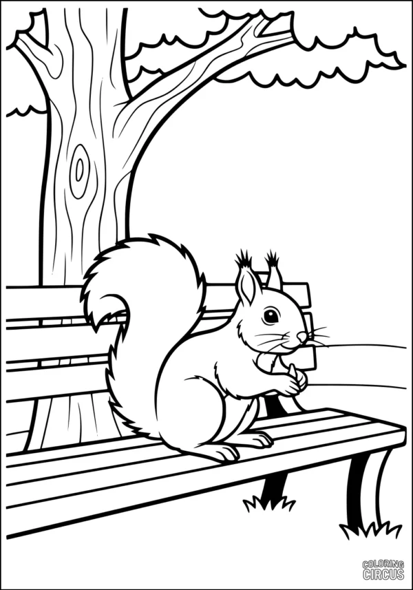 Coloring page with a cute squirrel sitting on a park bench under a tree