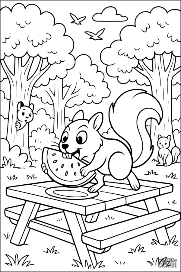 Coloring page featuring three squirrels in a park, one eating watermelon at a picnic table, with trees, birds, and clouds