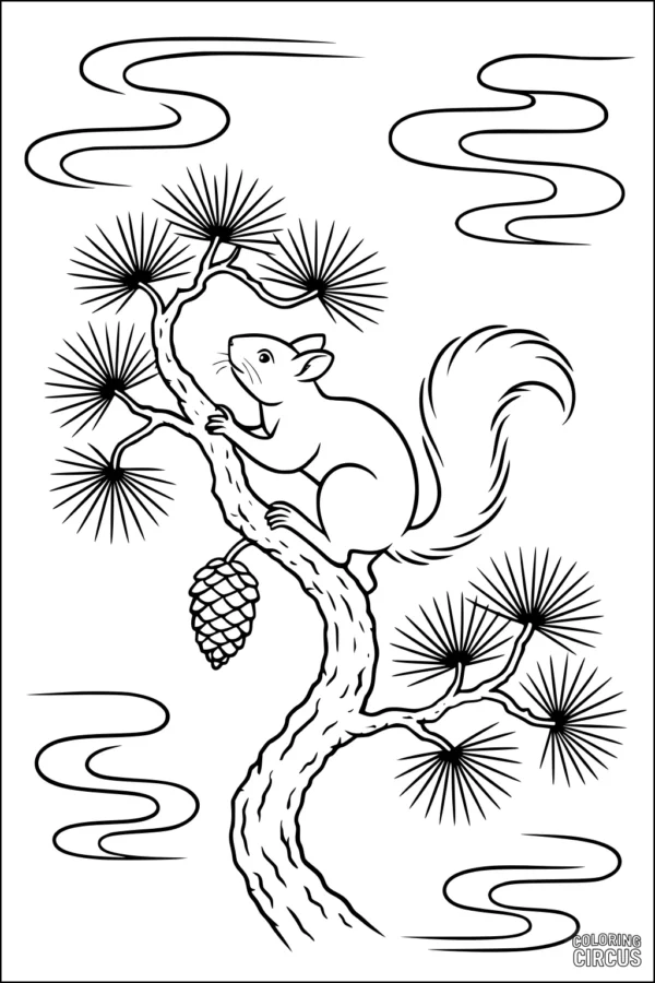 Coloring page of a squirrel sitting on a pine tree branch with a pine cone and swirling clouds