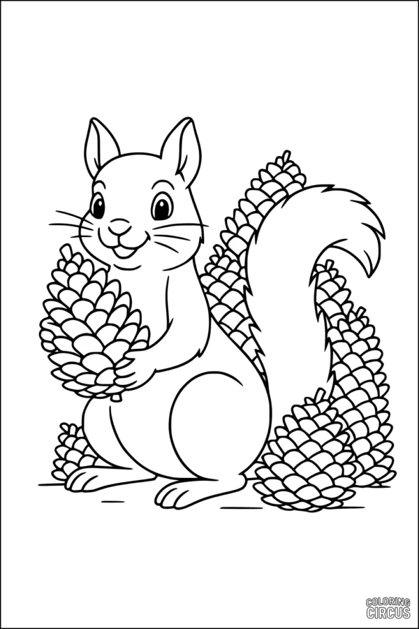 Coloring page of a cartoon squirrel holding a pinecone surrounded by more pinecones