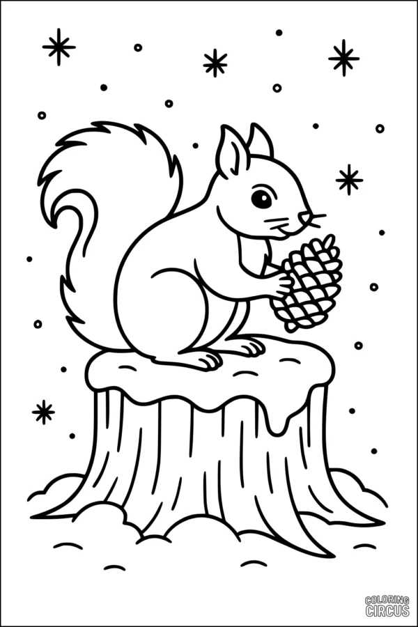 Coloring page of a cute squirrel holding a pinecone, sitting on a tree stump in a snowy scene