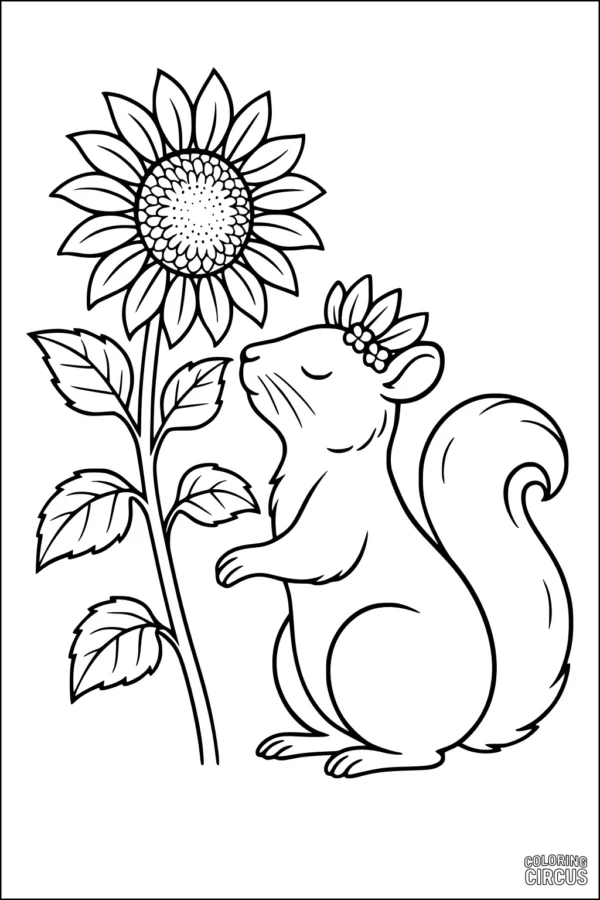 Coloring page of a cute squirrel with a flower crown beside a tall sunflower