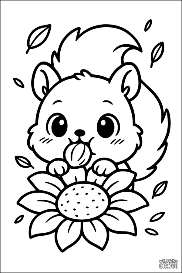 Coloring page with a cute squirrel holding a nut and sitting behind a large sunflower, surrounded by falling leaves
