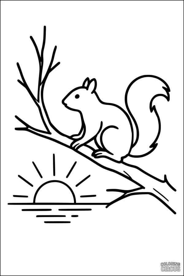 Coloring page with a squirrel on a tree branch and sunrise in the background