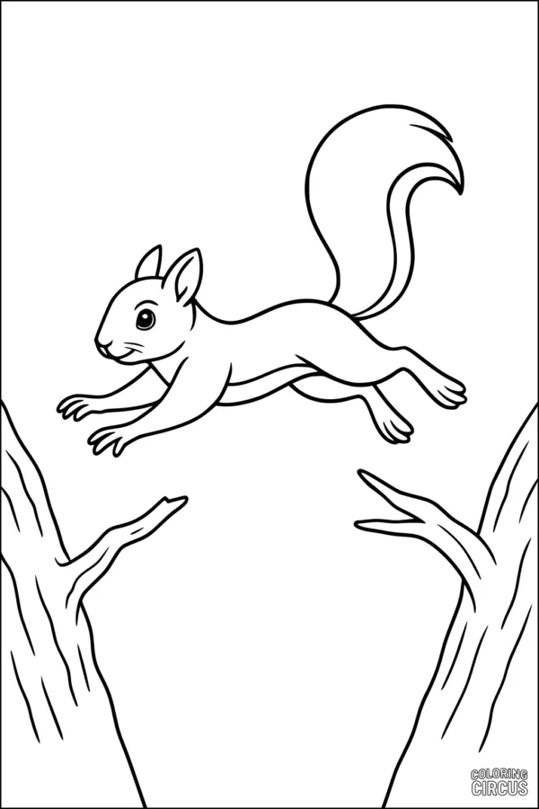 Coloring page squirrel jumping between branches for kids