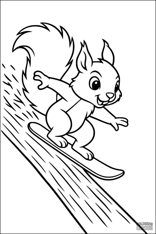 Coloring page of a cartoon squirrel surfing down a tree trunk