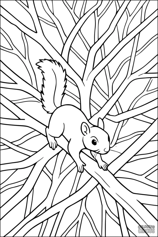 Coloring page showing a squirrel climbing through tangled tree branches