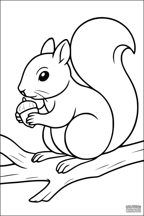 Coloring page of a smiling cartoon squirrel holding an acorn while sitting on a tree branch, ideal for young children