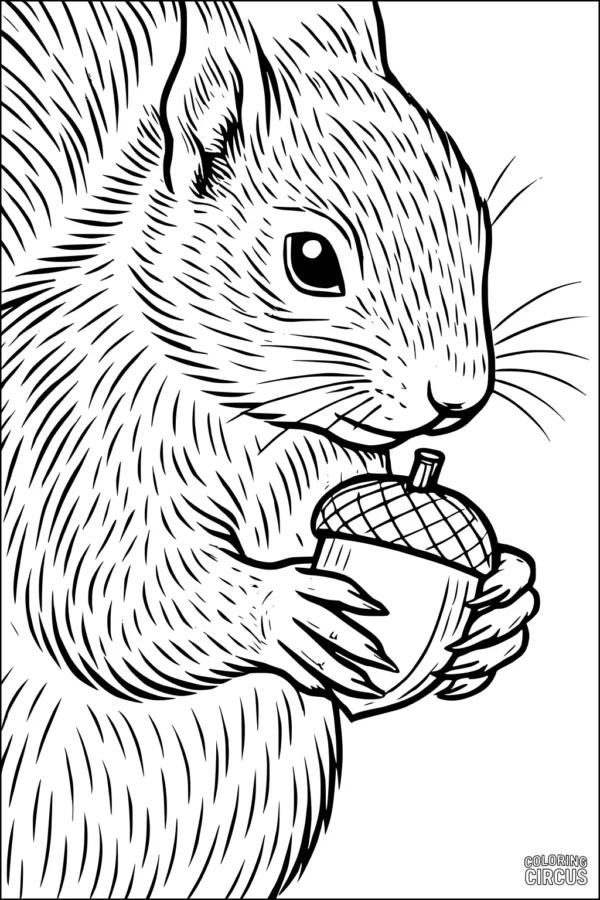 Coloring page showing detailed squirrel holding large acorn close up