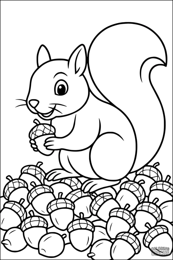 Coloring page featuring a cute squirrel surrounded by acorns, sitting and holding one in its paws