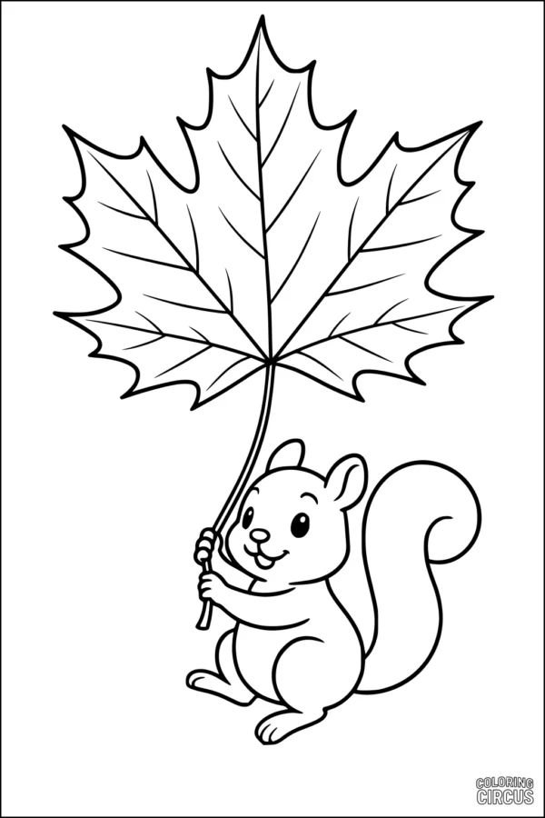 Coloring page featuring a smiling squirrel holding a large maple leaf above its head.