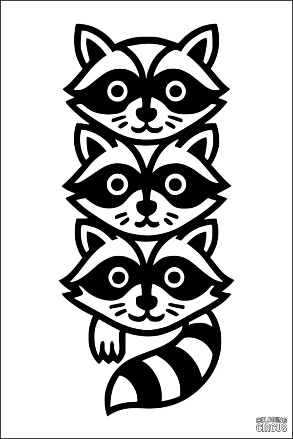Coloring page featuring three stacked cartoon raccoons with bold outlines