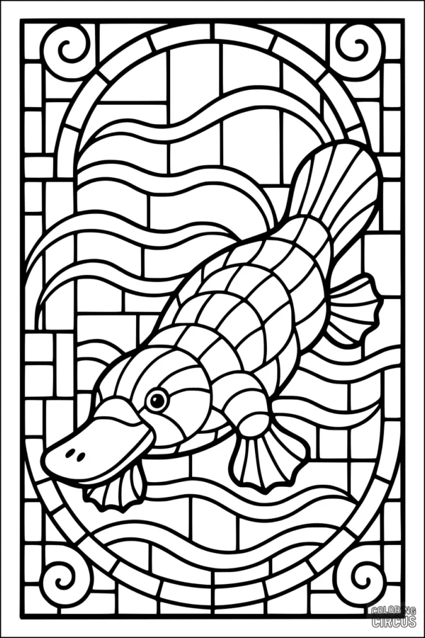 Coloring page featuring a stained-glass style platypus swimming in a river with swirling water patterns