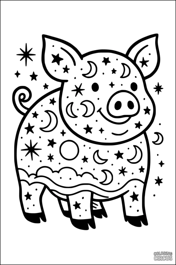 Coloring page featuring a cute pig covered in stars and moons for kids
