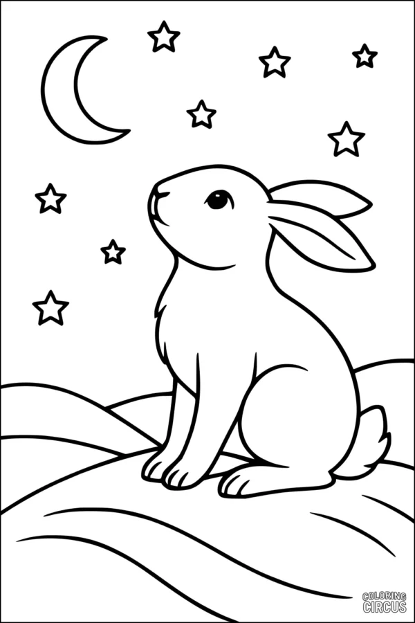 Coloring page of a rabbit sitting on a hill under the moon and stars