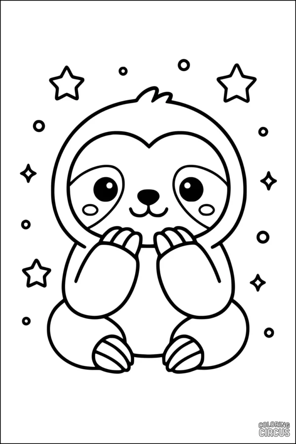 Coloring page featuring a cute sloth surrounded by stars suitable for young children