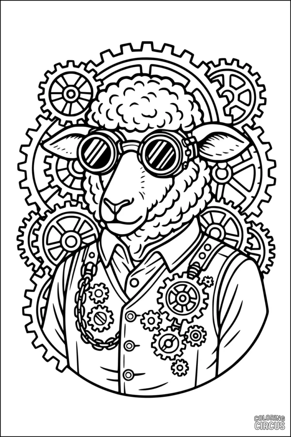 Coloring page featuring a steampunk sheep wearing goggles surrounded by gears