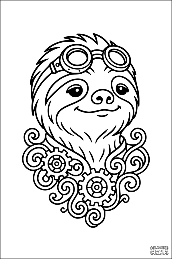 Coloring page of a cartoon steampunk sloth with goggles and decorative gears