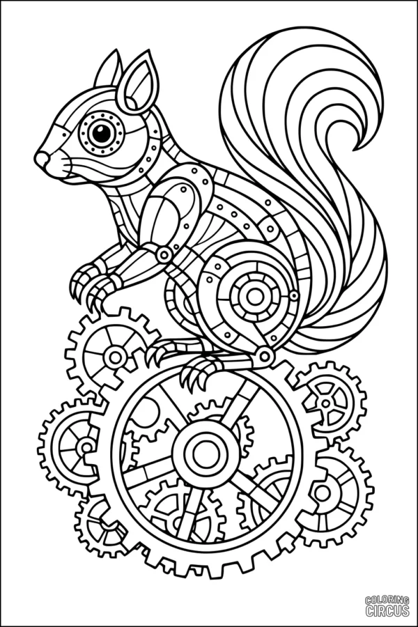 Coloring page showing a mechanical steampunk squirrel surrounded by detailed gears and clockwork elements