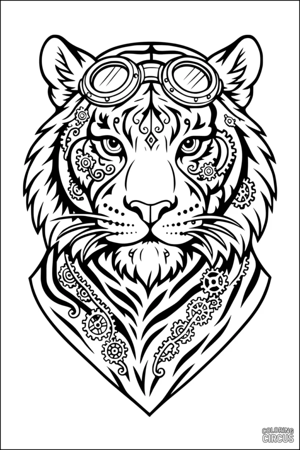 Coloring page featuring a detailed steampunk tiger with goggles and gear-themed decorations