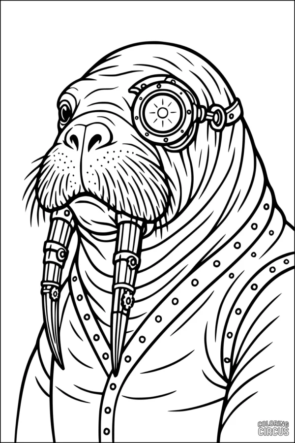Coloring page of a steampunk-inspired walrus with goggles and decorated tusks