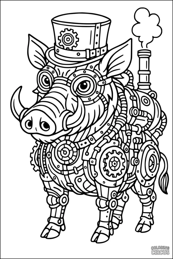 Coloring page of a steampunk warthog with gears and steam hat