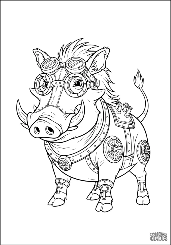 Coloring page featuring a cartoon steampunk warthog with goggles, mechanical suit, gears, and pipes