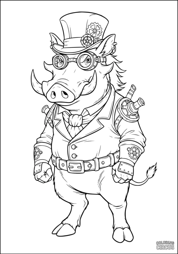 Coloring page features a steampunk warthog in a suit and top hat with goggles and gears