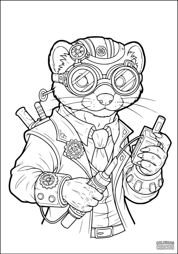 Coloring page featuring a steampunk weasel inventor with goggles, tools, and mechanical gear details