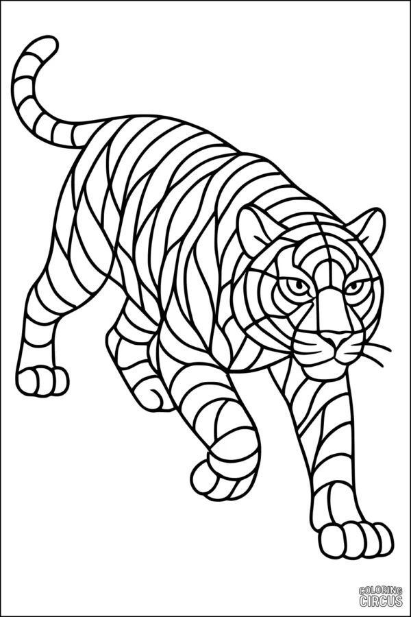 Coloring page showing a tiger with stylized stripes, walking forward in a lively pose