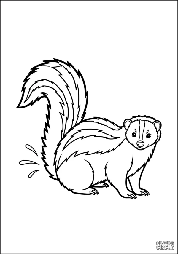 Coloring page featuring a cute cartoon skunk with a bushy tail and prominent stripes